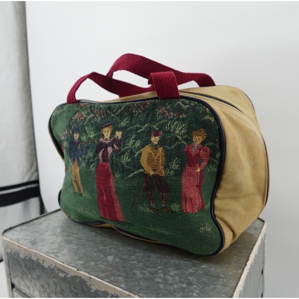 Vintage Tapestry Golf Scene Small Duffel Bag Tan Canvas Burgundy Handles - Picture 2 of 10